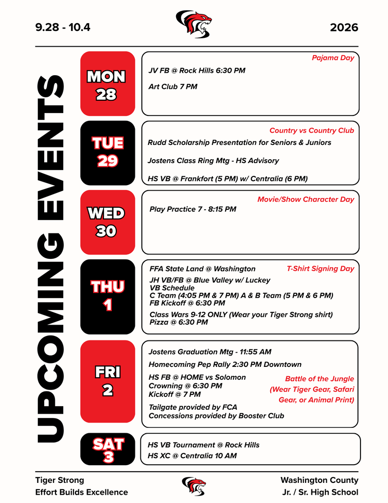 Activity Calendar for the week of 9/28 - 10/3