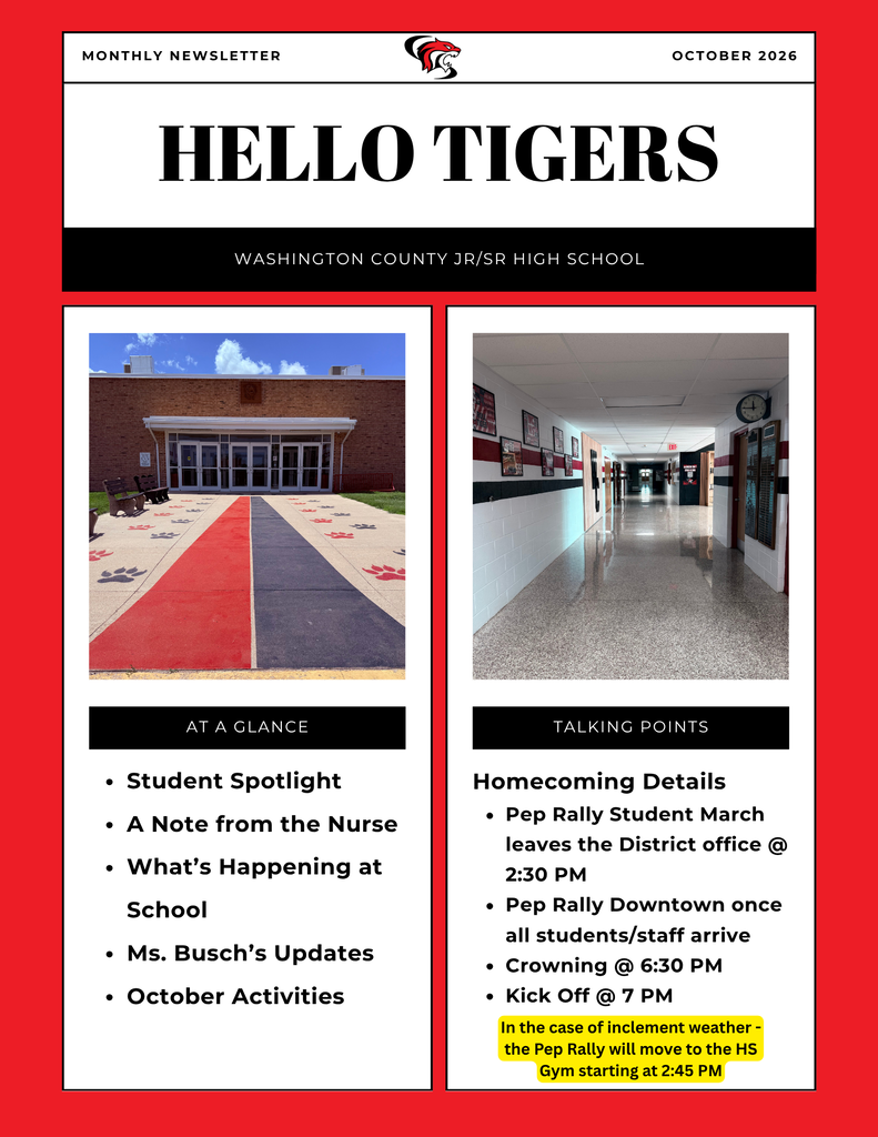 Newsletter Front Page w/ Homecoming details: Pep Rally will be moved to HS Gym if rain interferes
