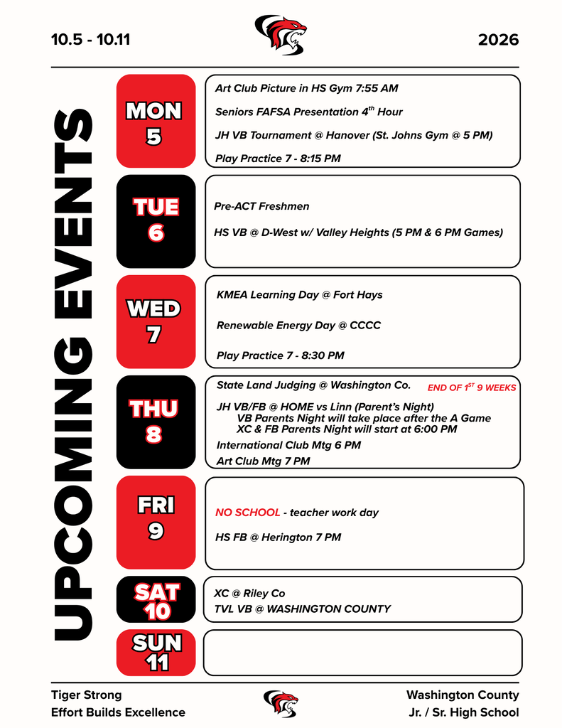 Activity Calendar for the week of 10.5 - 10.11