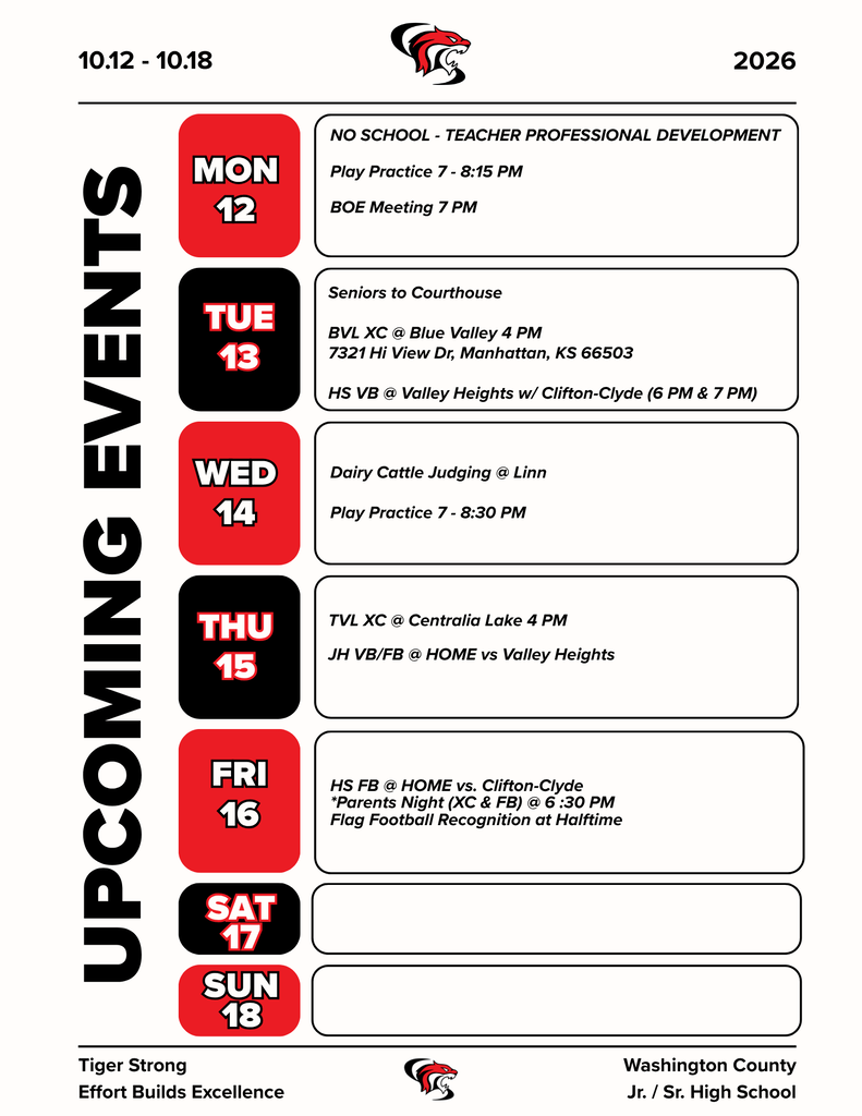 Activity Calendar for the week of 10/12 - 10/18