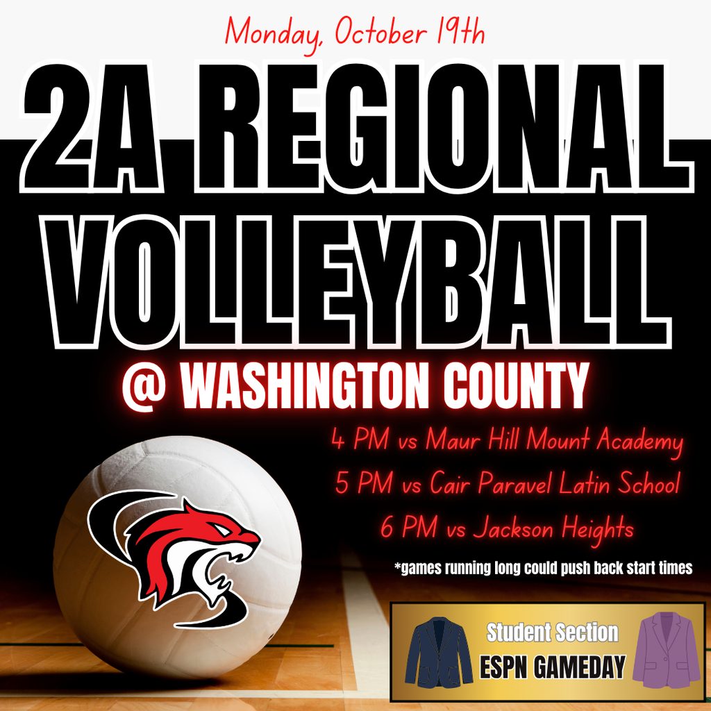 2A Regional Volleyball will be held at Washington County on Monday October 19th. Tigers will play at 4 PM, 5 PM, & 6 PM. Game times can vary based on the length of prior games. Student Section Theme is ESPN Gameday