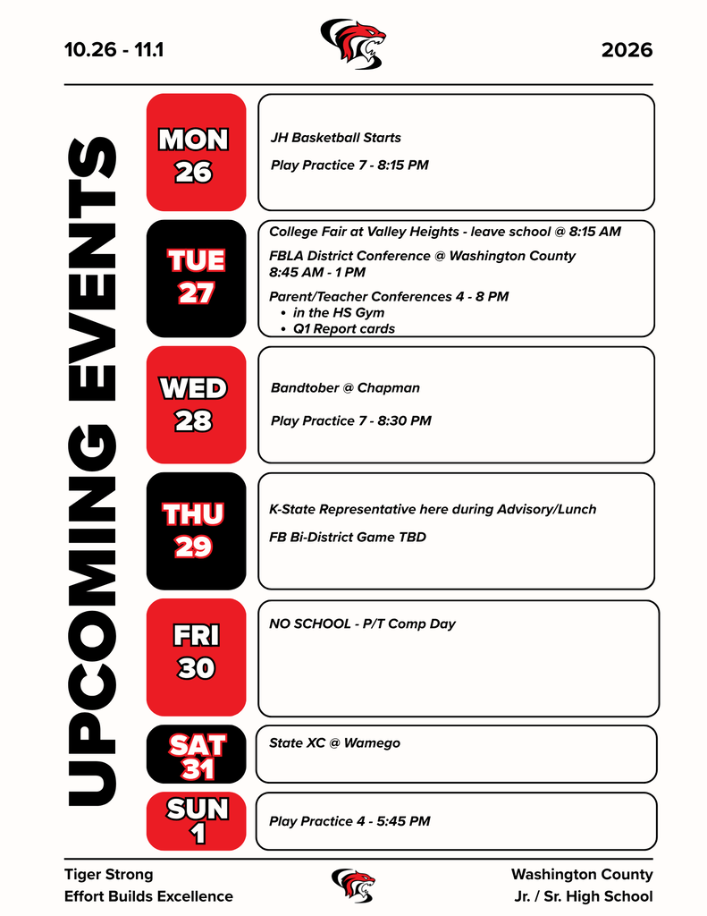 Activity Calendar for the week of 10/26 - 11/1.
