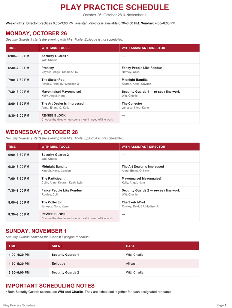 Play schedule for this week!