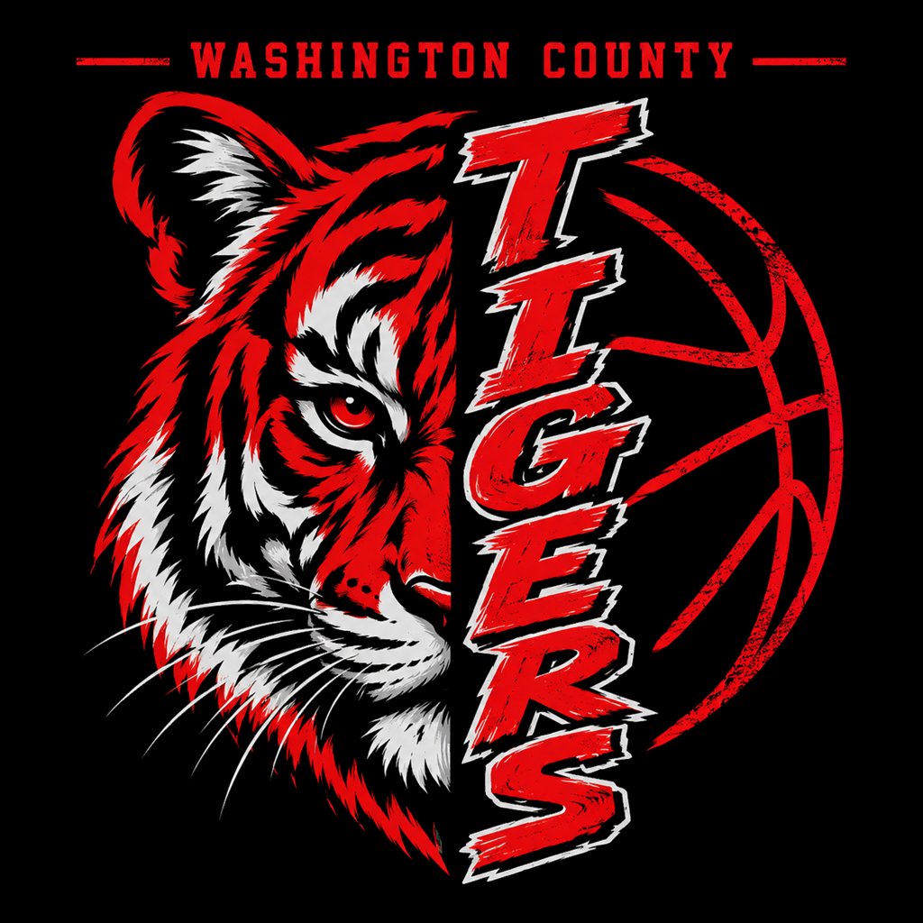 JH boys basketball design with the words Washington County and Tigers, the design has a tiger on the left side and a basketball on the right.