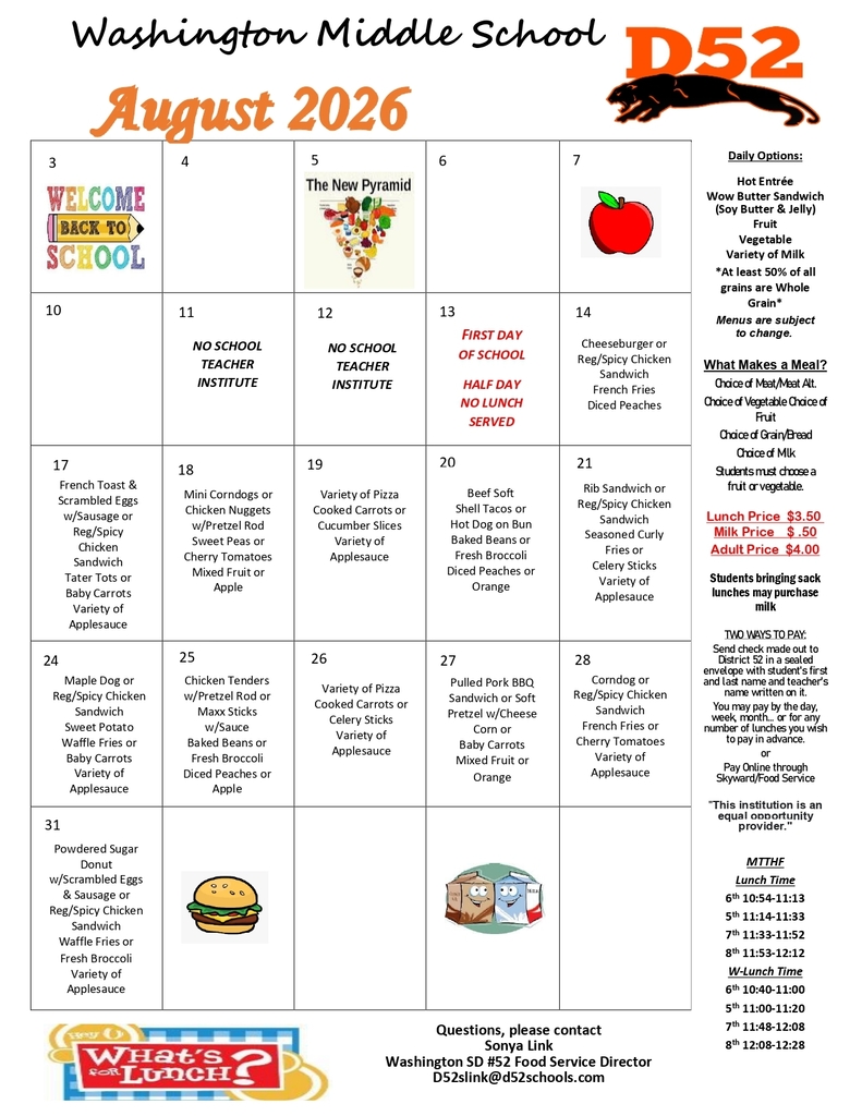WMS AUGUST 2026 LUNCH MENU