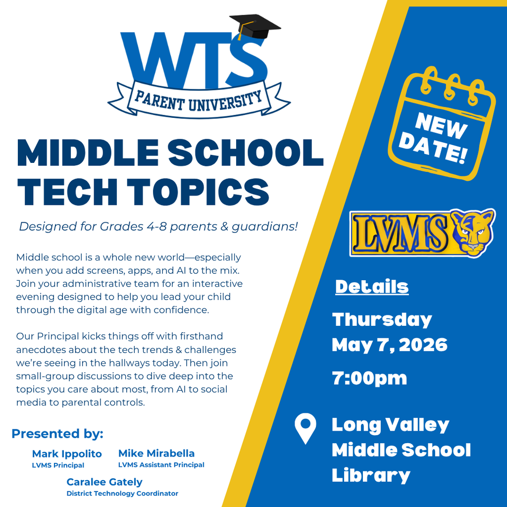 Date change for Middle School Tech Topics Parent University- it is now May 7!