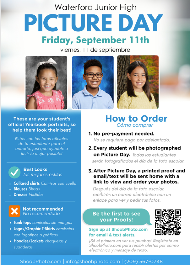 Waterford Junior High School Picture Day is 9/11/26. No pre-payment needed, every student will be photographed. After picture day, a printed proof and email/text will be sent home with a link to view and order your photos