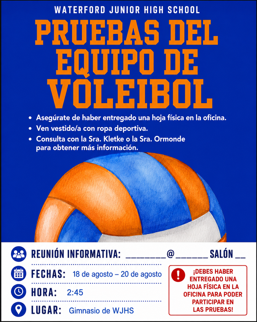 Pruebas de voleibol 18 de agosto - 20 de agosto de Waterford Junior High