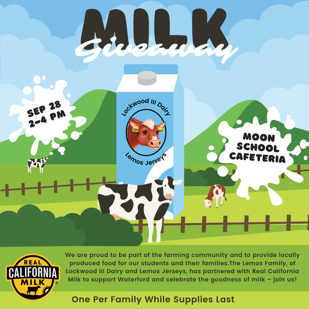 Milk Giveaway today! 2-4pm at Moon School Cafeteria