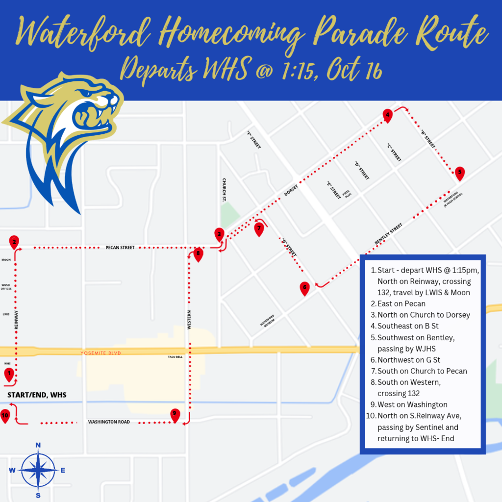 homecoming parade route, departs 1:15 from WHS