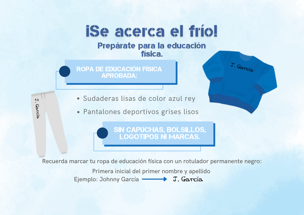 Stay warm & stay active with approved PE clothes. Grey sweat pants and blue sweaters