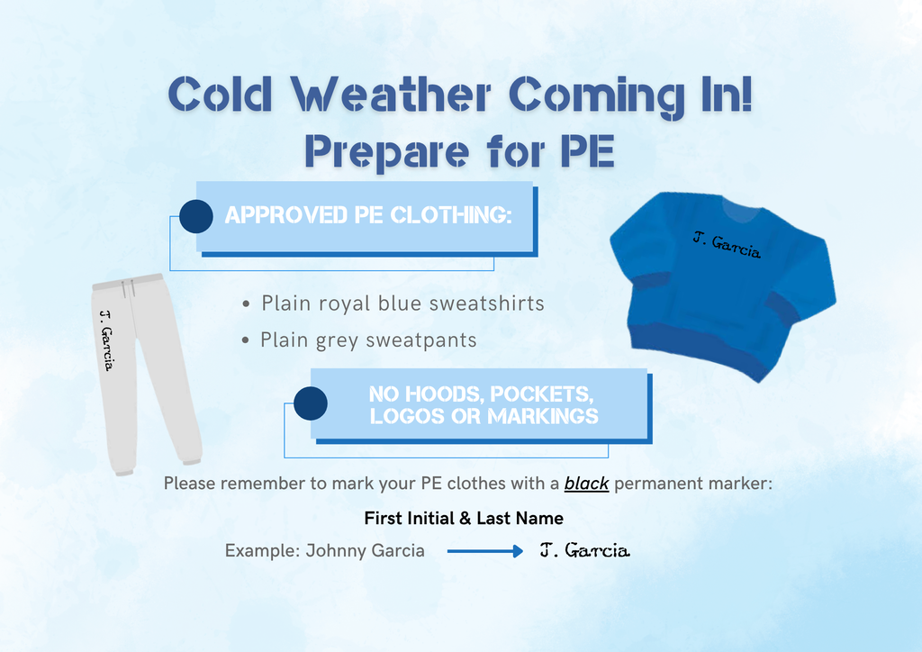 Stay warm & stay active with approved PE clothes. Grey sweat pants and blue sweaters