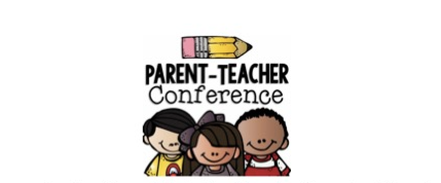 three smiling kid cartoons with the words Parent=Teacher conference and a cartoon pencil above that