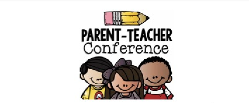 Parent-Teacher Conferences with a cartoon pencil and three cartoon smiling kids