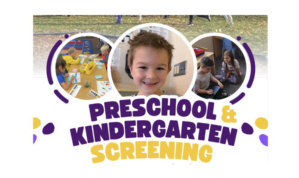 Preschool and Kindergarten screening in purple and gold lettering with kids smiling, painting and drawing