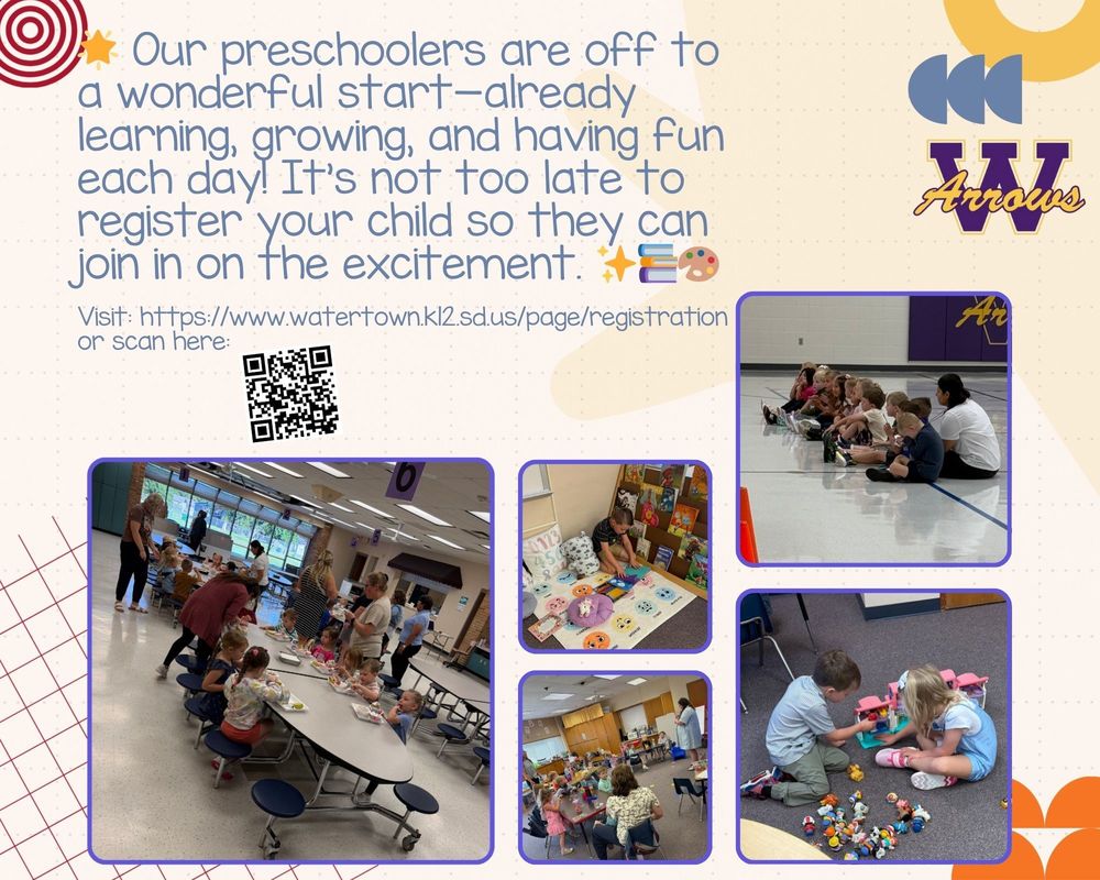 preschool students eating in lunchroom, a student reading, students sitting and listening to teacher, students sitting in a line for gym class, students playing with toy animals