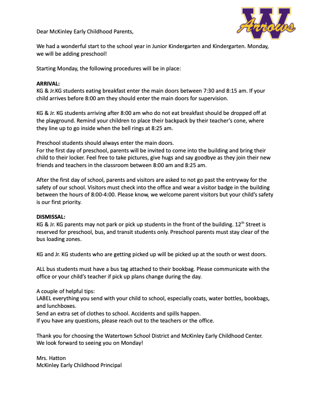 Letter to parents for Monday