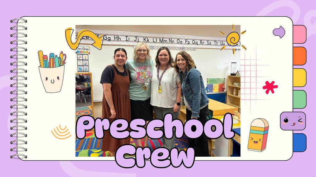 Preschool teachers smiling with clipart of a cup of pens, an eraser and a notebook