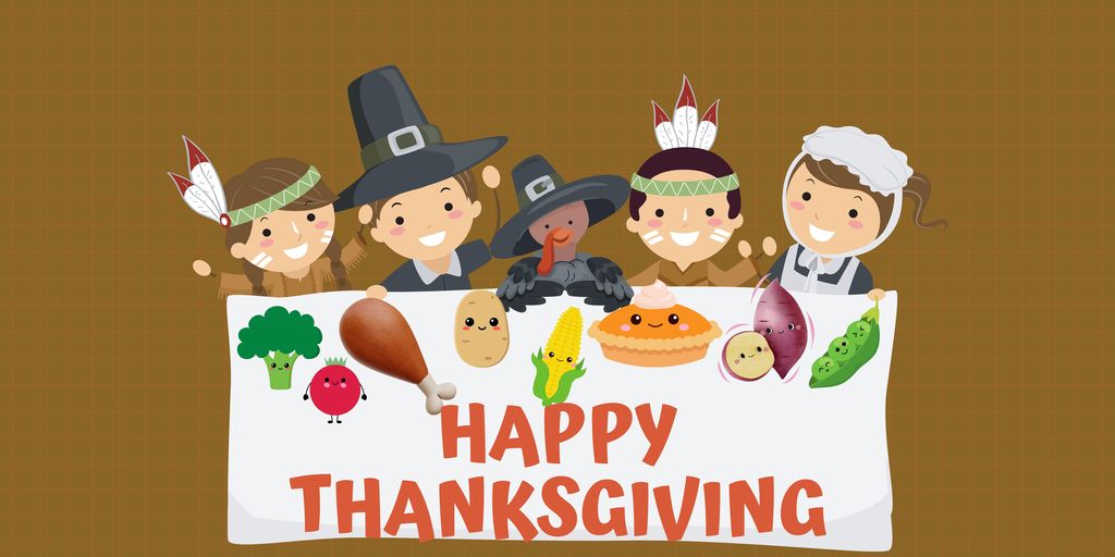 Native, pilgrim and turkey cartoon characters sitting at a table with different foods and the words "Happy Thanksgiving"