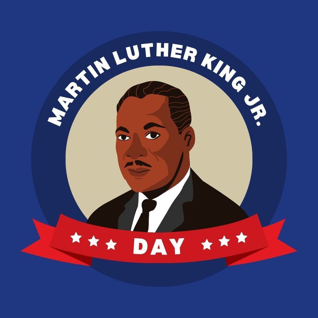 Martin Luther King Jr cartoon on blue background with red ribbon under his portrait