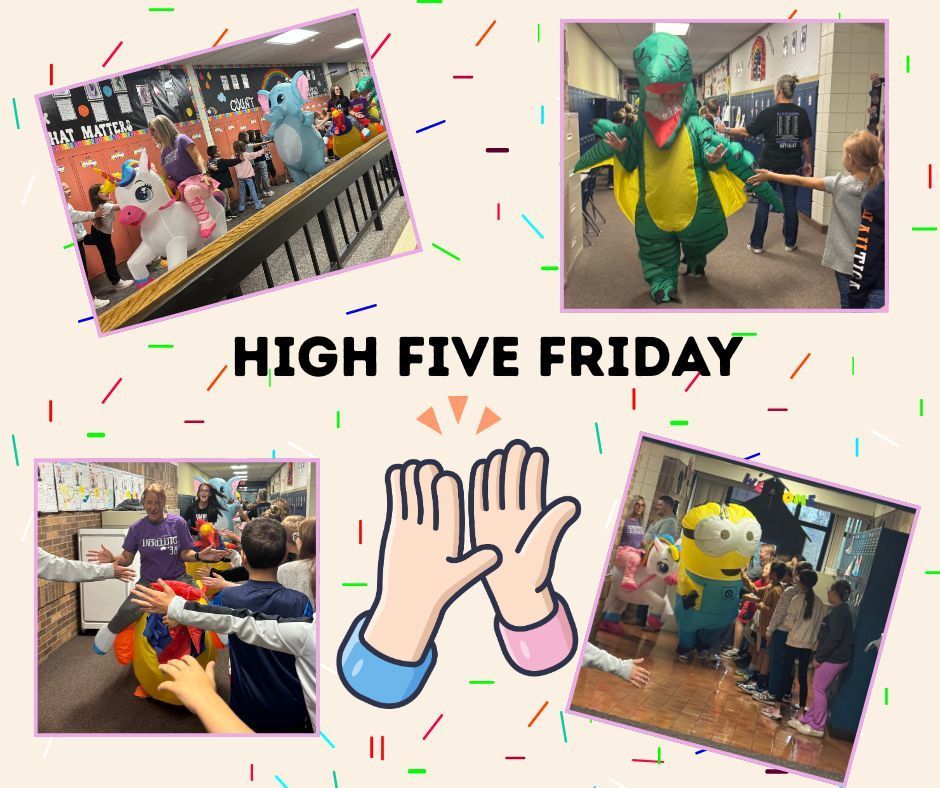 Lincoln staff wearing inflatable costumes giving students high fives in the school hallway.