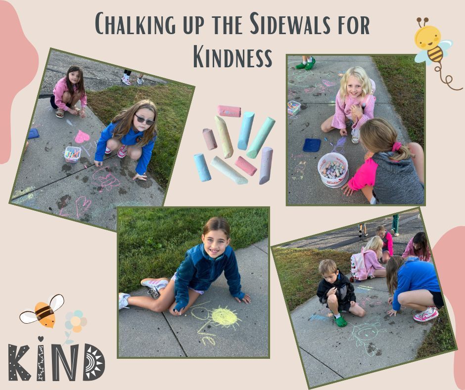 Lincoln Elementary students are outside writing and drawing on the sidewalk with chalk. The sidewalk is filled with colorful messages such as “Be Kind,” Love" and cheerful drawings like hearts, and smiley faces.