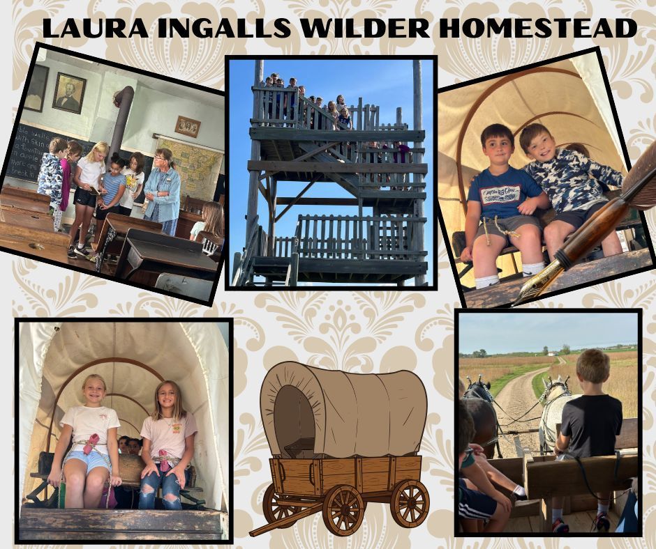 Lincoln 4th graders participating in pioneer activities such as making butter, riding a covered wagon, visiting a schoolhouse, and more at the Laura Ingalls Wilder Homestead.