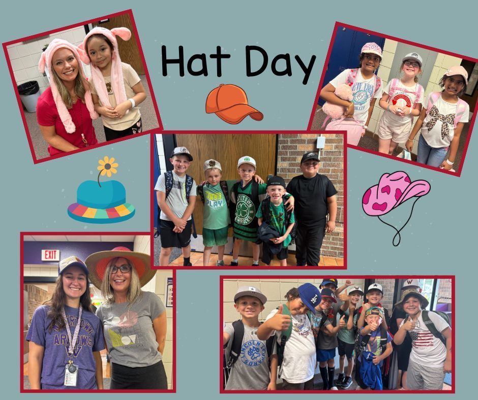 Lincoln students and staff with their hats for homecoming dress up day.
