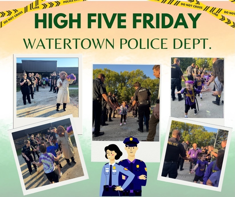 Watertown Police Department officers giving high fives to Lincoln Elementary students dressed in gold and purple school colors as they arrive at school.