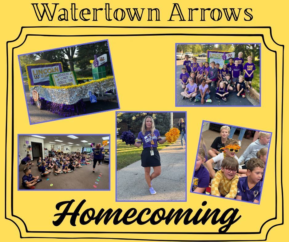Students and staff wearing purple and gold Arrow wear. Lincoln’s float in the parade. Students cheering and participating in the pep rally in the gym.