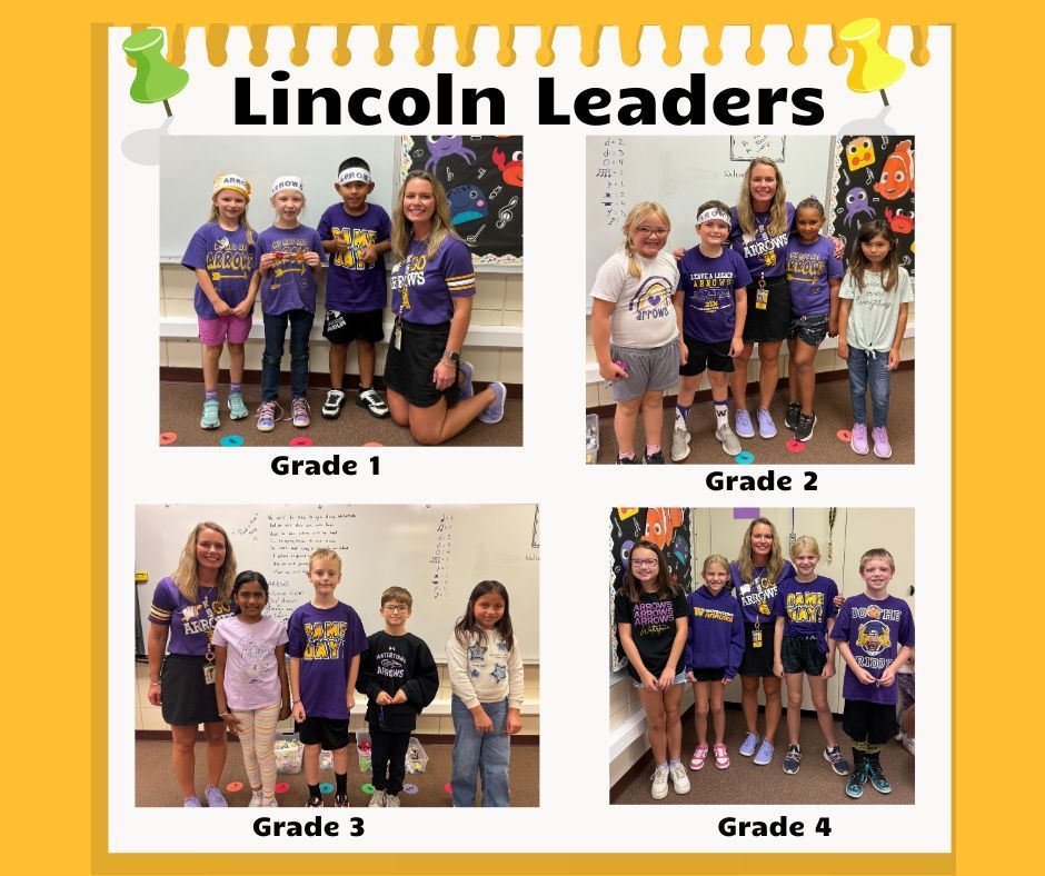Group of Lincoln Elementary students holding their Lincoln Leader awards and smiling in their classrooms.