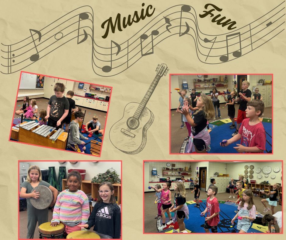  Fourth graders play the xylophone, second graders play drums, and third graders sing while tossing bean bags.