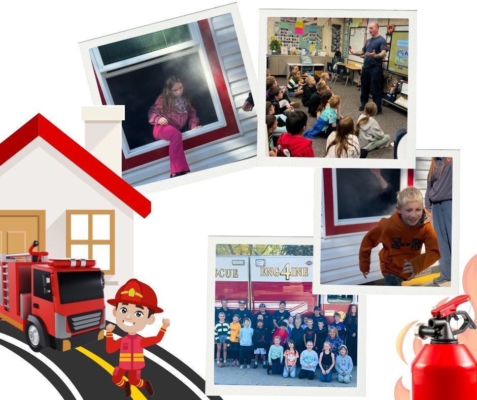 Watertown firefighters talk with third-grade students and show them how to exit a smoke-filled house safely.