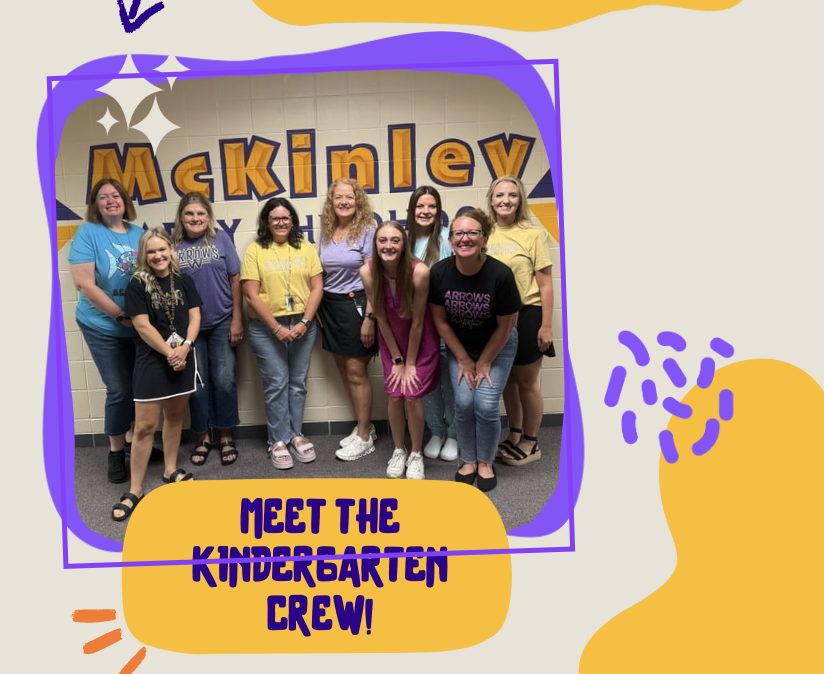A row of teachers smiling surrounded by colorful shapes and the words "Meet the Kindergarten Crew!"