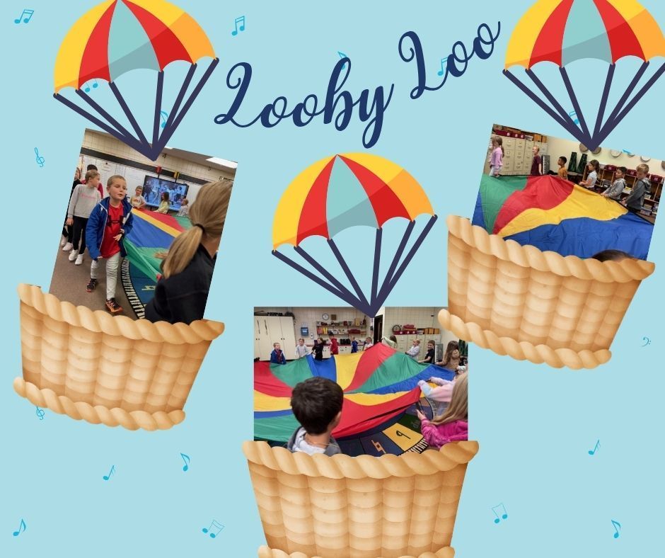 Students smiling and holding a rainbow parachute in music class while singing “Looby Loo.”