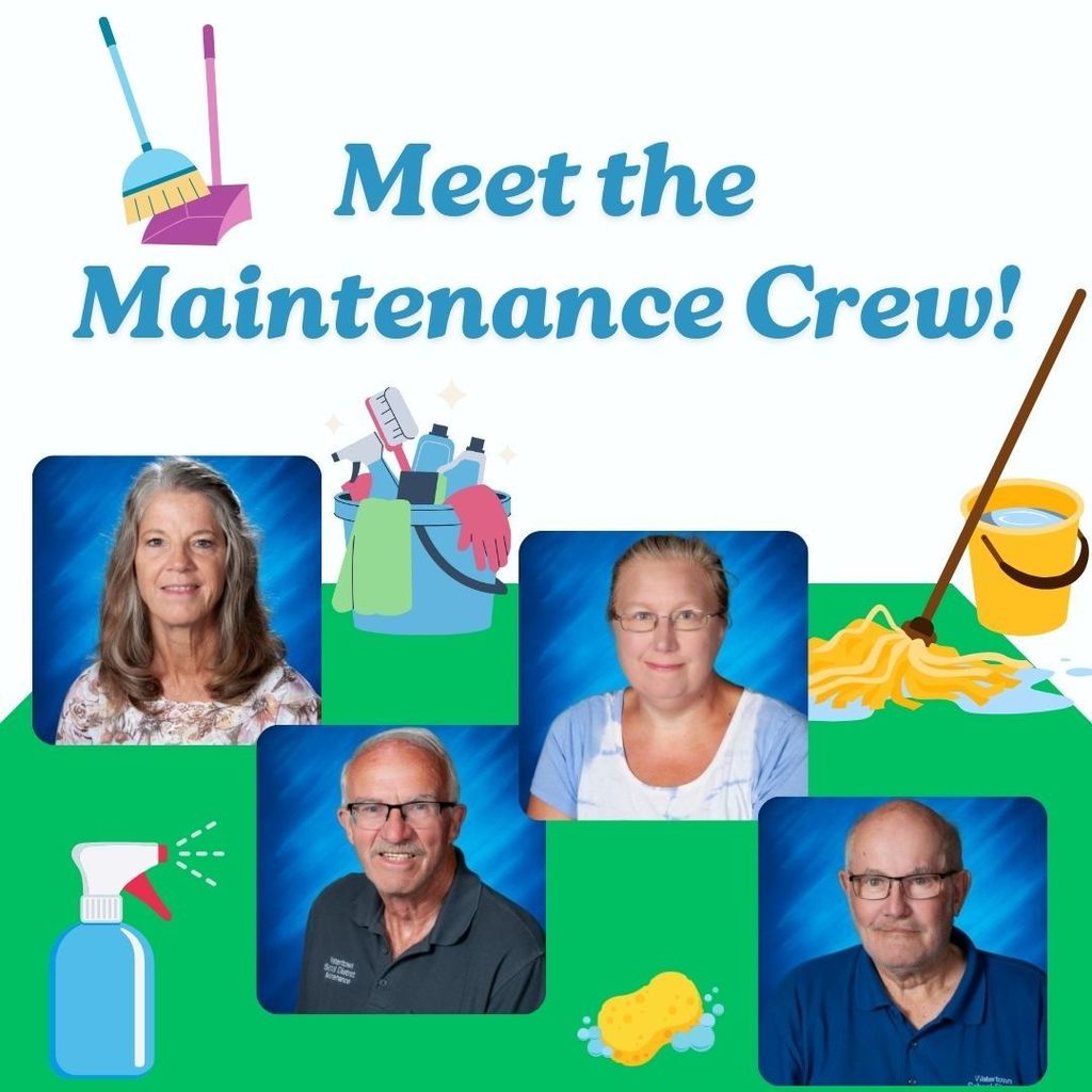 pictures of the four cusotidans smiling with a broom, mop, bucket and spray bottle, with words saying "Meet the maintenance crew"