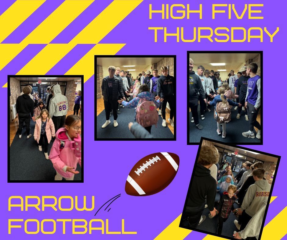 Arrow Football players line the school hallway, giving high fives to smiling Lincoln Elementary students as they walk by.