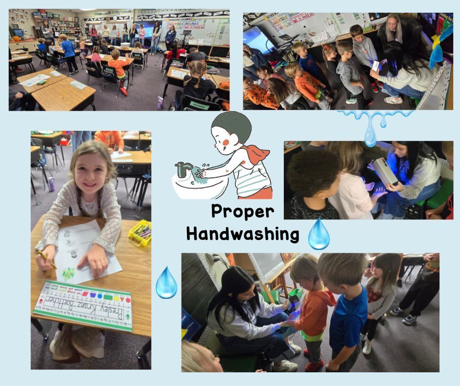 Mrs. Clark’s 1st-grade students smiling and practicing handwashing with LATI Medical Assisting students assisting them.