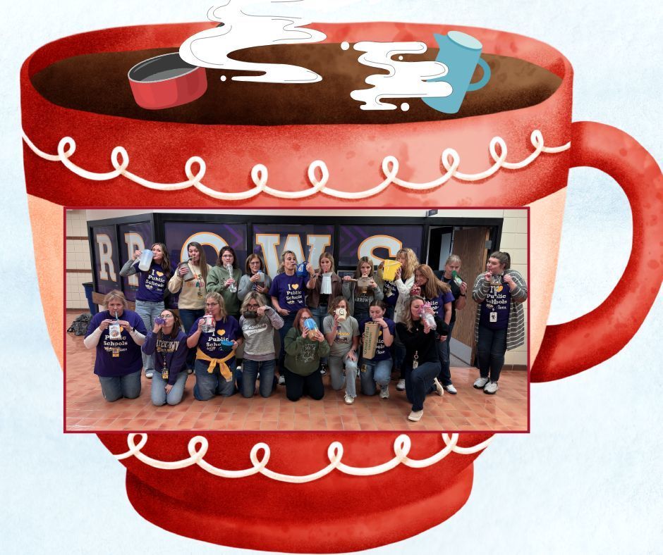 Staff members smiling and holding a variety of unusual drink containers during “Anything But a Cup” day.