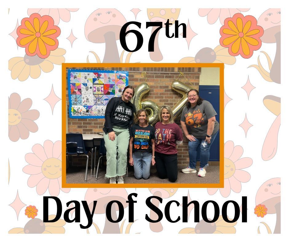 Third-grade students and teachers wearing matching 67th-day T-shirts,