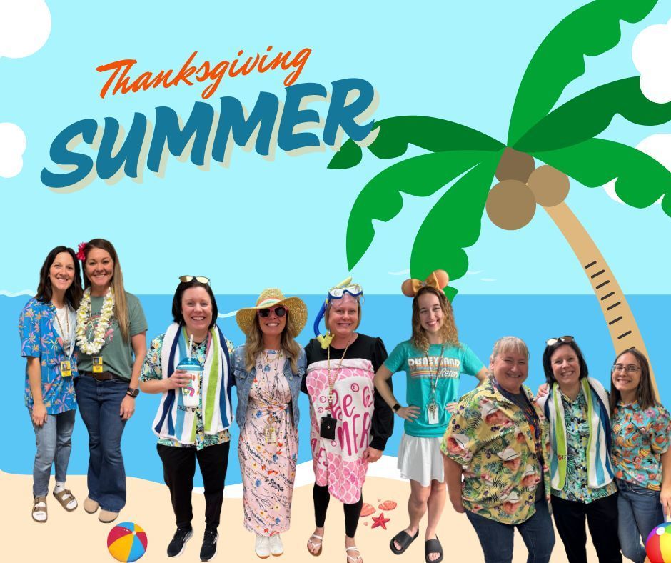 Teachers at Lincoln Elementary dressed in summer-themed outfits such as sunglasses, hats, and bright colors. 