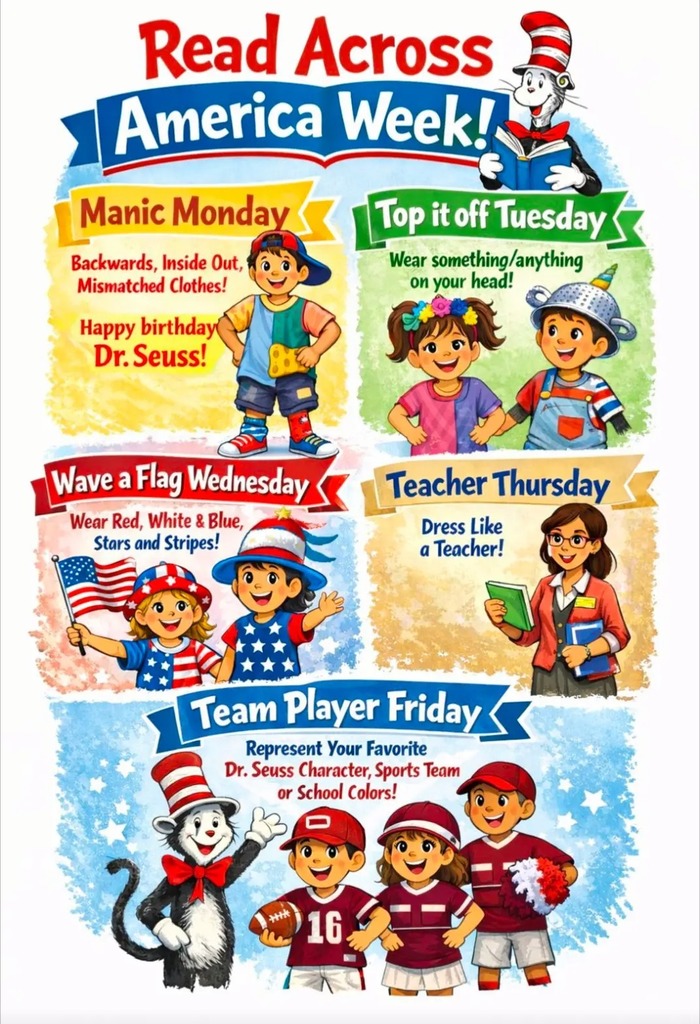 A flyer displaying the dress-up themes for Read Across America Week, March 2–6, at Lincoln Elementary.
