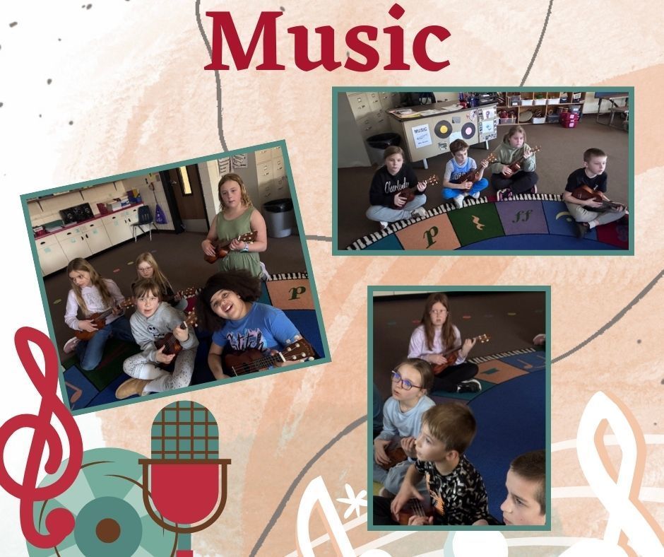 Third grade students seated in music class holding ukuleles and practicing chords together while Mrs. Moeller leads instruction at the front of the room.