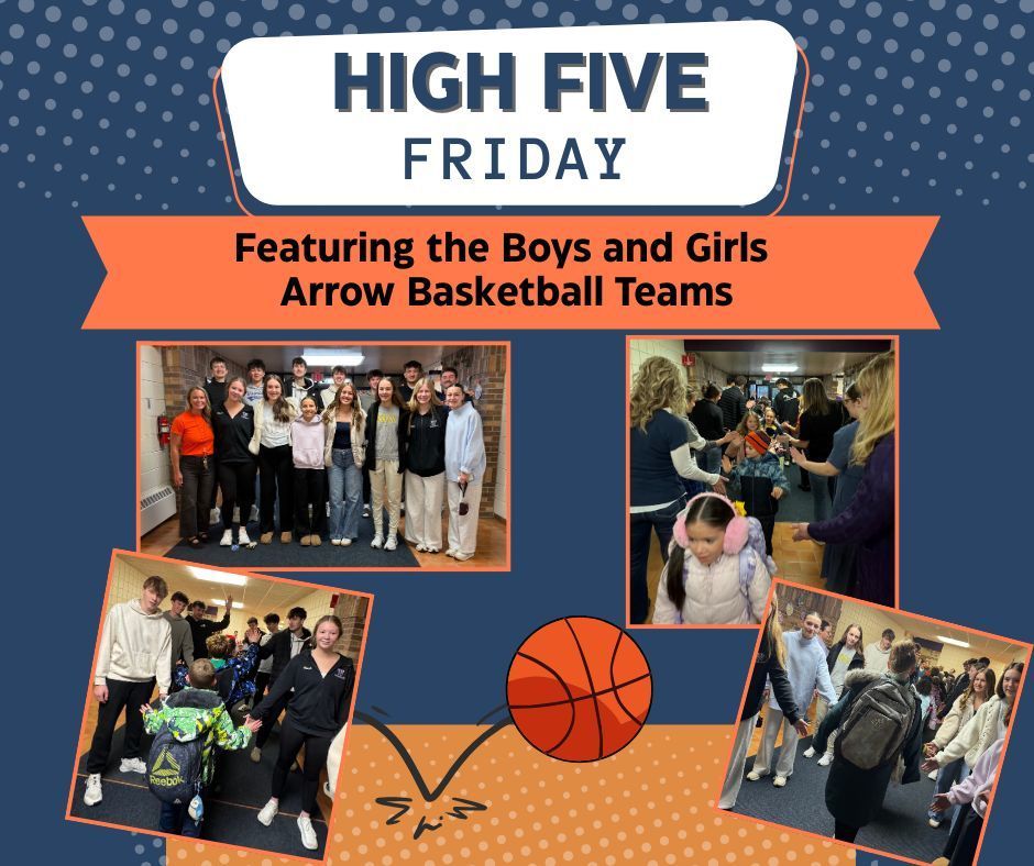 Members of the Watertown High School boys and girls basketball teams stand in the hallway at Lincoln Elementary giving students high fives as they arrive at school for High Five Friday.