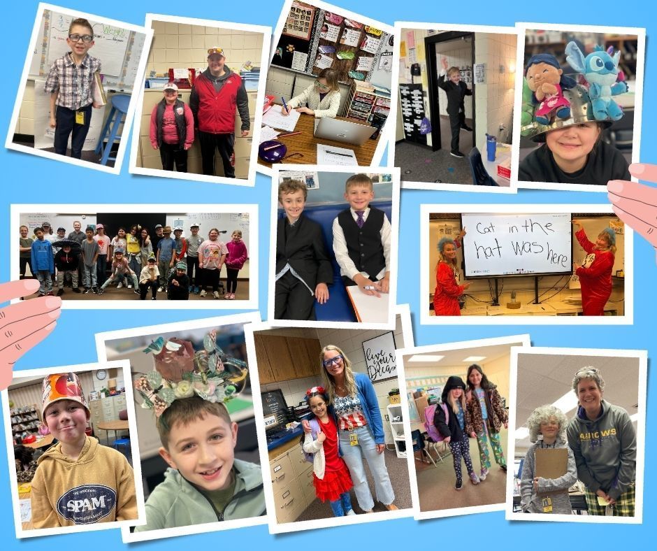 Students and staff at Lincoln Elementary dressed in various themed outfits throughout Read Across America Week, including mismatched clothing, hats, red, white, and blue attire, teacher and student role reversals, and outfits representing Dr. Seuss characters, sports teams, or school colors.