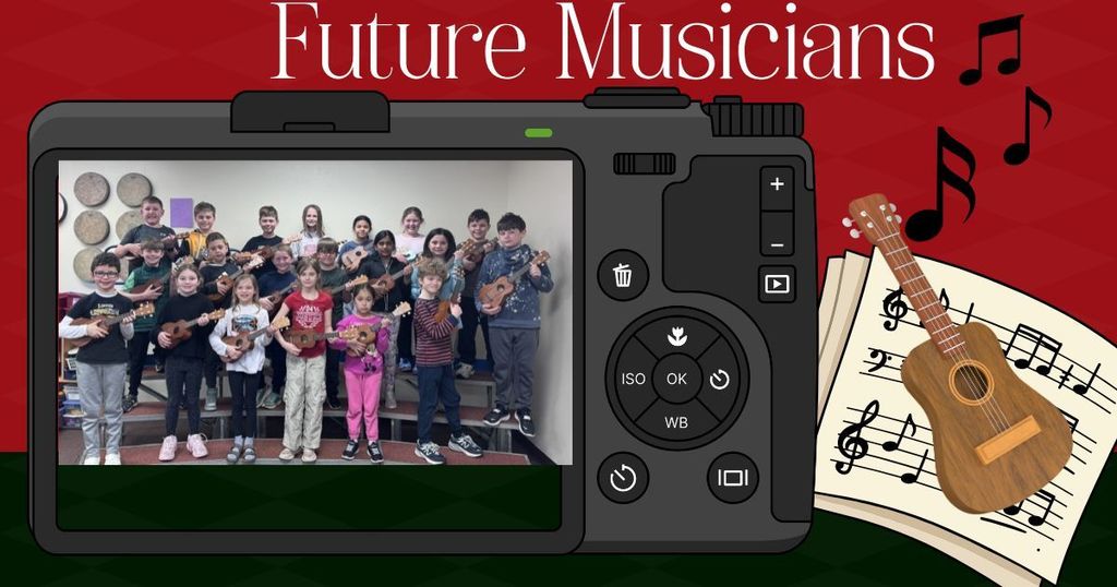 3rd grade students in music class practicing ukulele, focusing on hand placement and strumming while playing as a group.