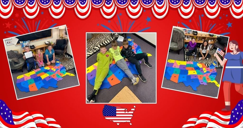 Students proudly display completed United States map activities after correctly placing the states during a timed classroom challenge.