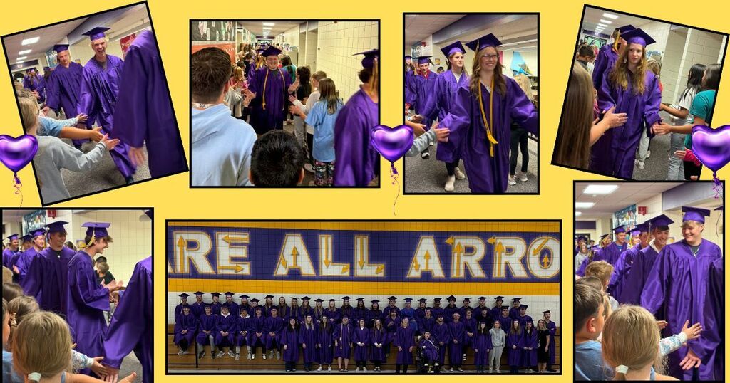 2026 graduating seniors walk through the halls of Lincoln School while elementary students and staff line the hallways giving high fives and cheering them on.