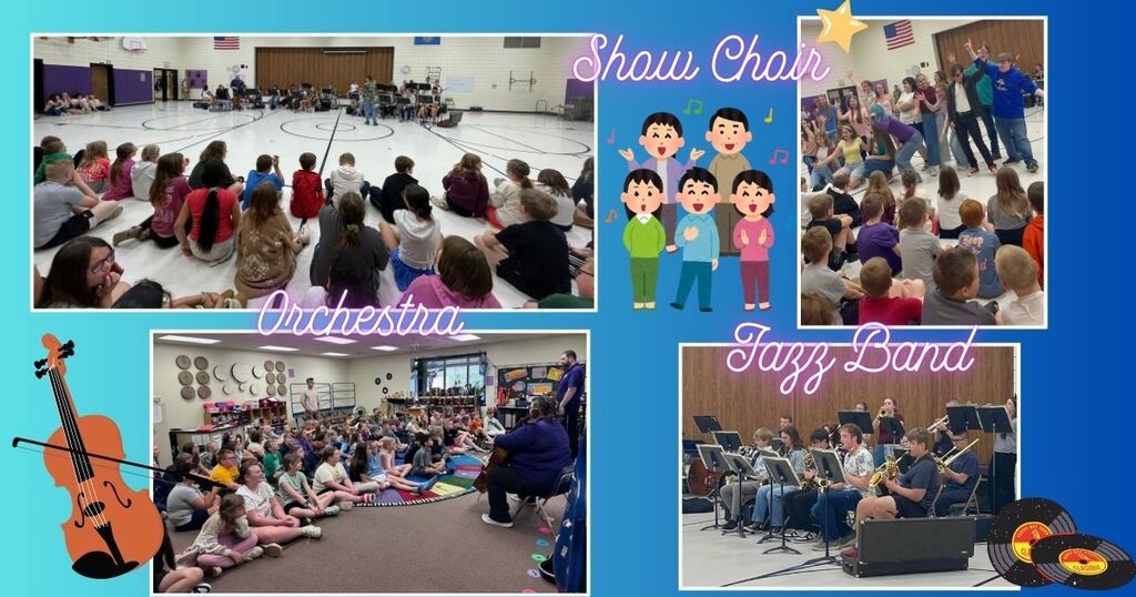 Orchestra, band, and chorus students visit with grade 4 students.