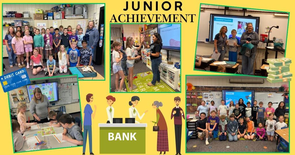 Junior achievement volunteers visiting with kids.